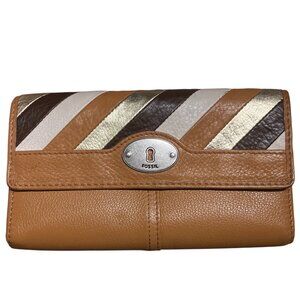 FOSSIL "Marlow" Brown Tan Gold Stripe Leather Tri-fold Long Womens Wallet SL4981